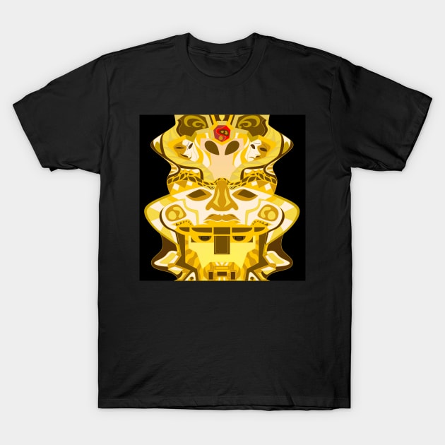 the golden olmec head in totem alien pattern T-Shirt by jorge_lebeau